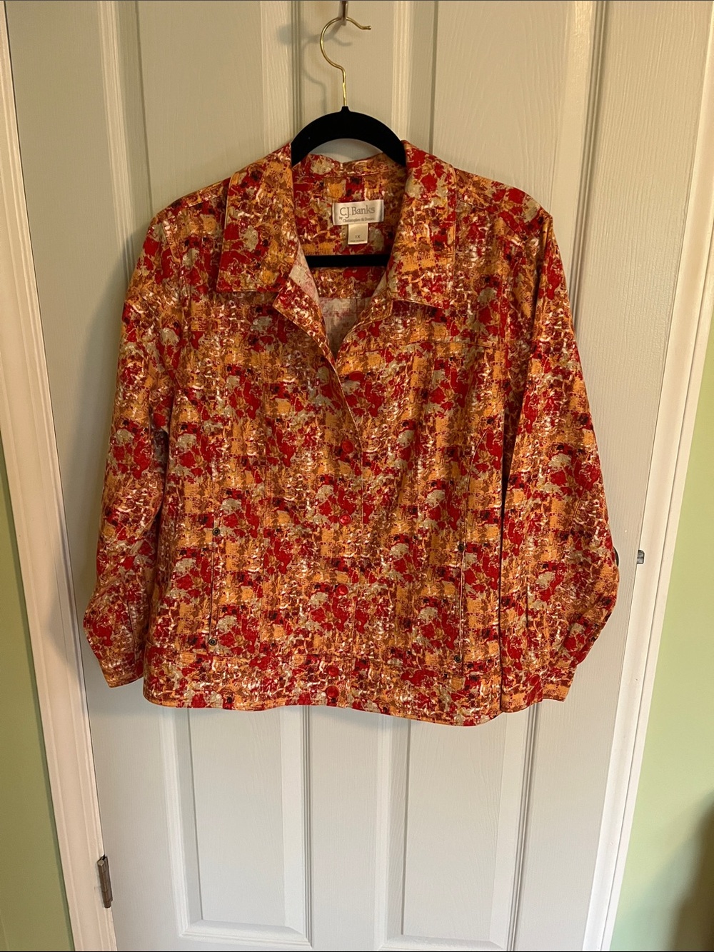 CJ Banks Red and Gold Abstract Floral Button-Front Jacket